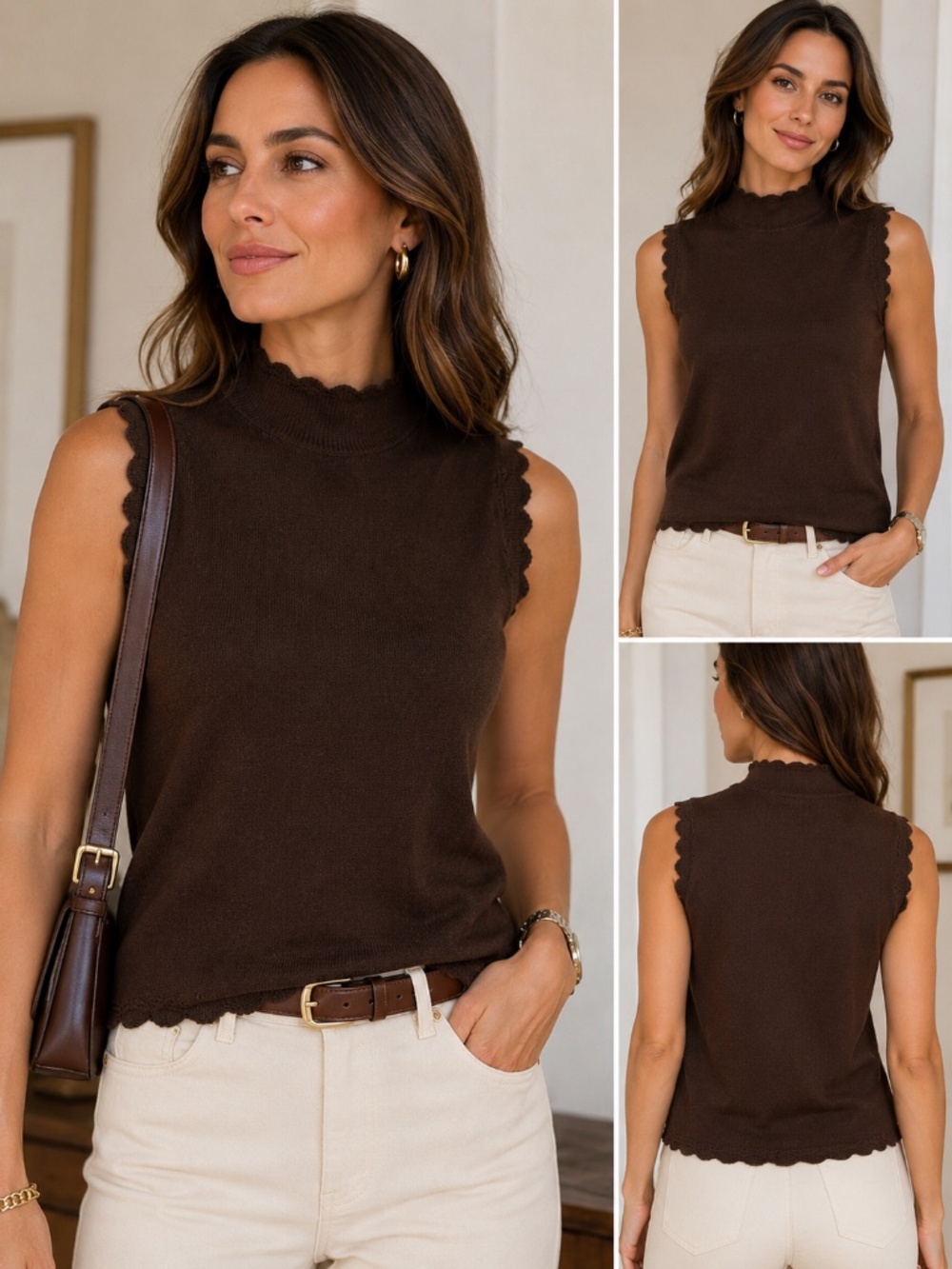 Neiman Marcus Exclusive 100% Silk Sleeveless Mock Neck Top – Chocolate Brown – S